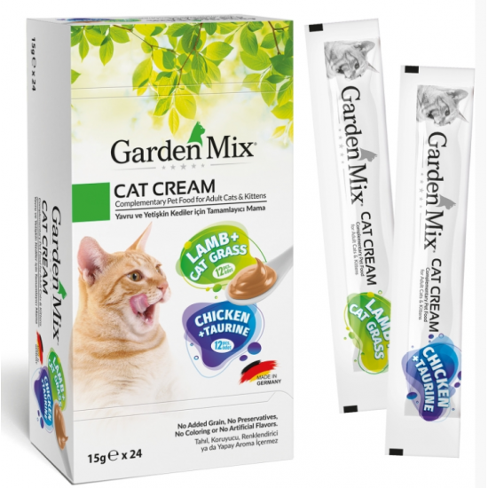 Garden Mix Cat Cream Tavuklu - Taurin ve Kuzulu - Kedi Çimi Kedi Sıvı Ödül Maması 15gr x 24 Garden Mix Cat Cream Tavuklu - Taurin ve Kuzulu - Kedi Çimi Kedi Sıvı Ödül Maması 15gr x 24
