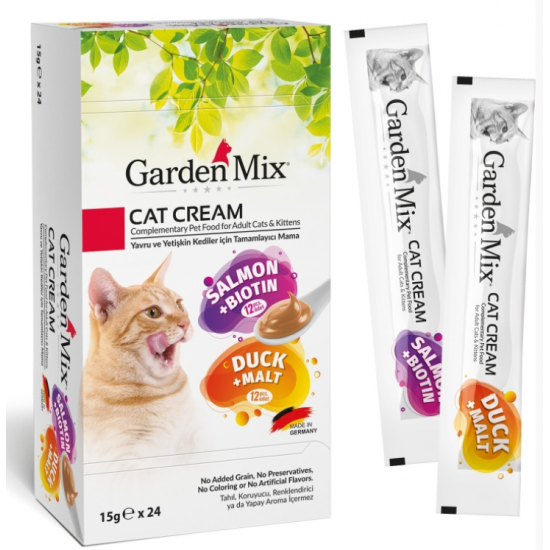 Garden Mix Cat Cream Ördekli - Maltlı ve Somonlu - Biyotinli Kedi Sıvı Ödül Maması 15gr x 24 Garden Mix Cat Cream Ördekli - Maltlı ve Somonlu - Biyotinli Kedi Sıvı Ödül Maması 15gr x 24