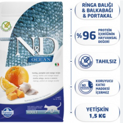 N&D Ocean Tahılsız Balkabaklı Ringa Balıklı ve Portakallı Yetişkin Kedi Maması 1,5 Kg