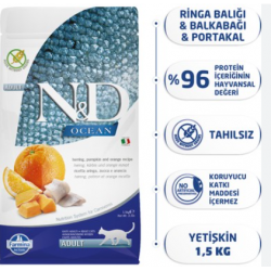 N&D Ocean Tahılsız Balkabaklı Ringa Balıklı ve Portakallı Yetişkin Kedi Maması 1,5 Kg