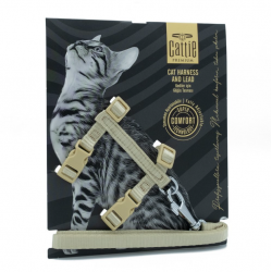 Cattie Dokumadan El Yapımı Kedi Göğüs & Gezdirme Takımı-Haki (camel)